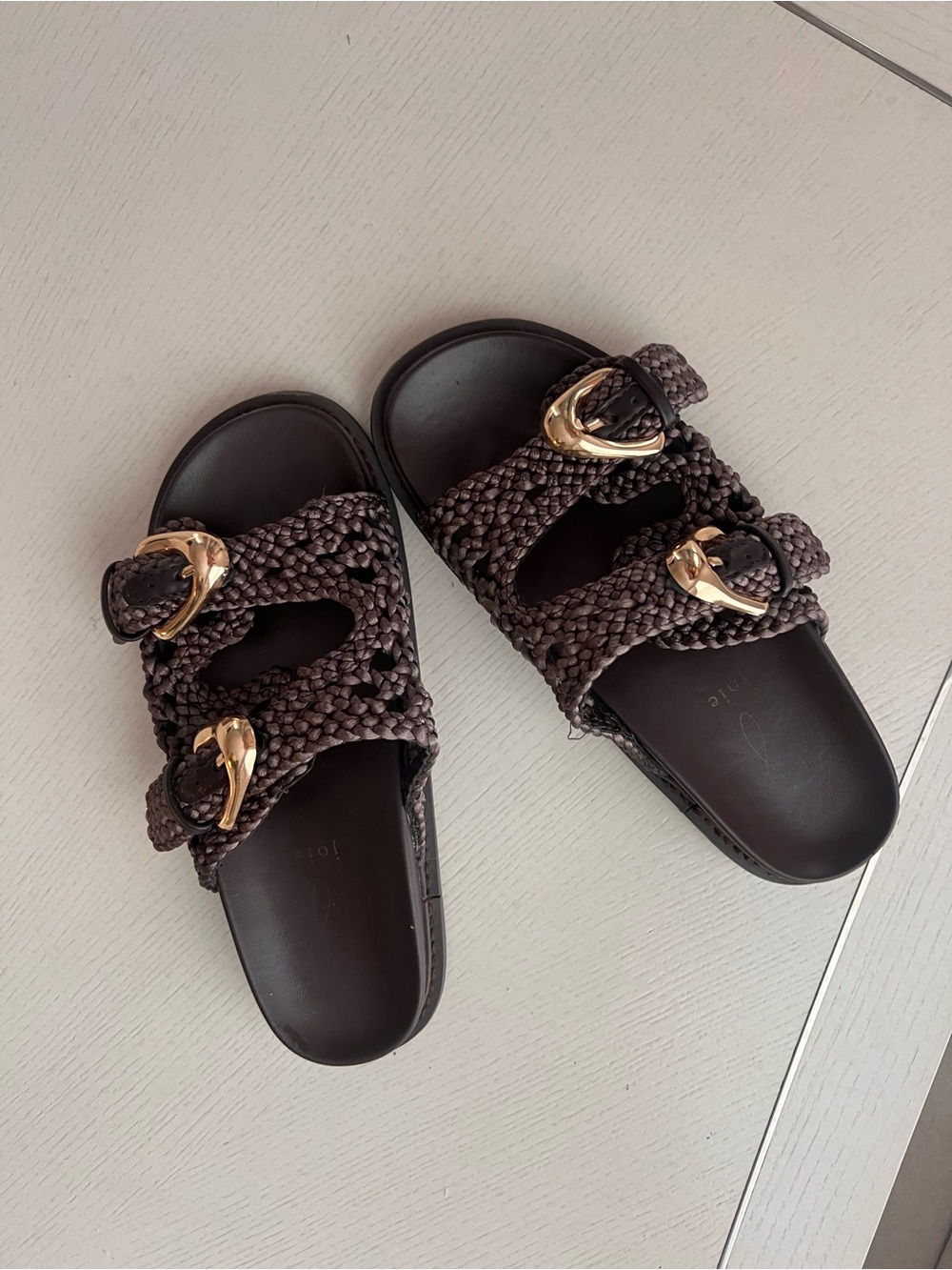 Woven Buckle Slide Sandals in Dark Brown with Gold Hardware